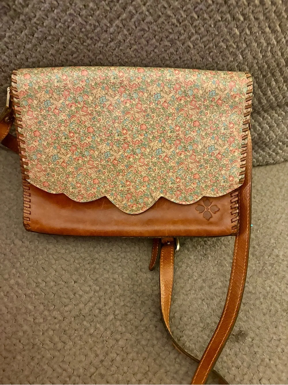 Patricia Nash Brown Leather Crossbody with Floral Trim